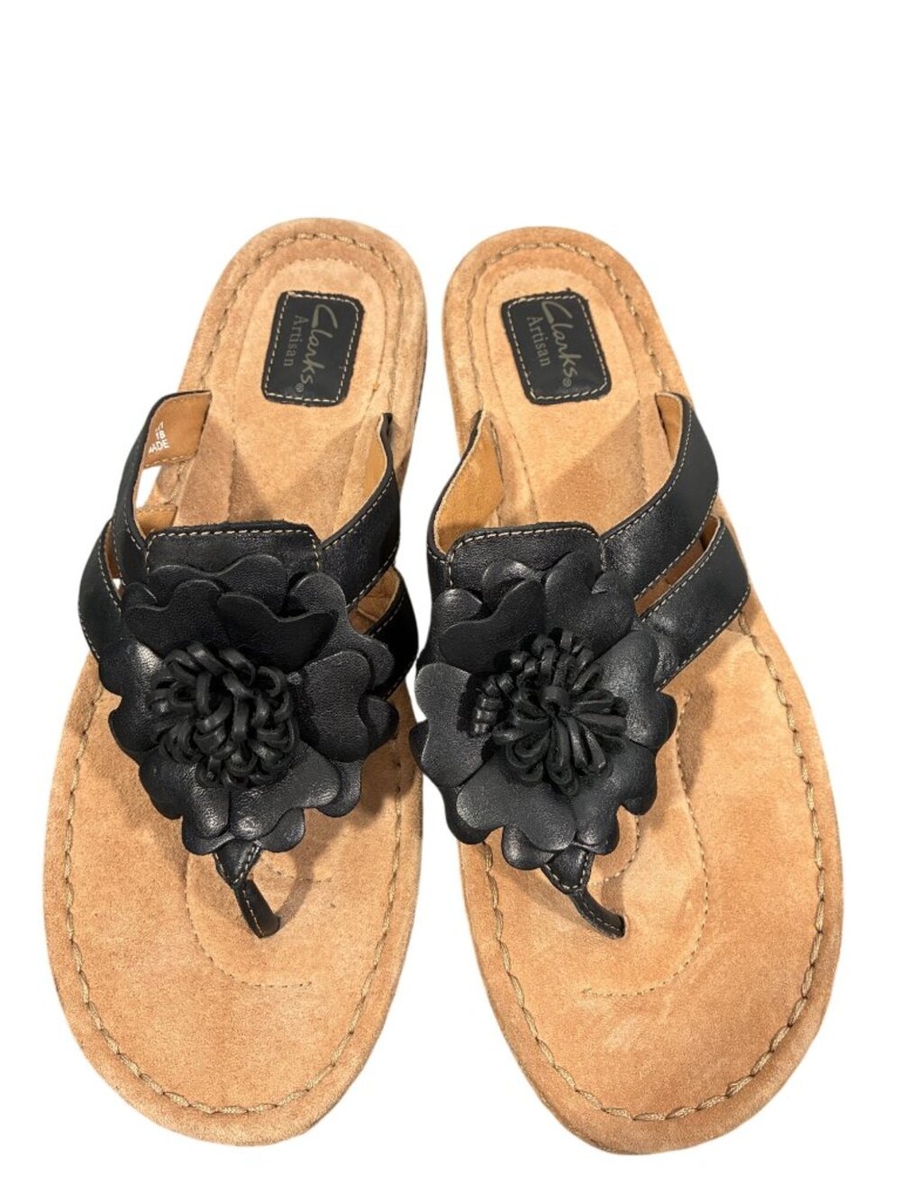 Clarks Artisan Black Leather Flower Embellished Sandals 12M Women’s Comfortable